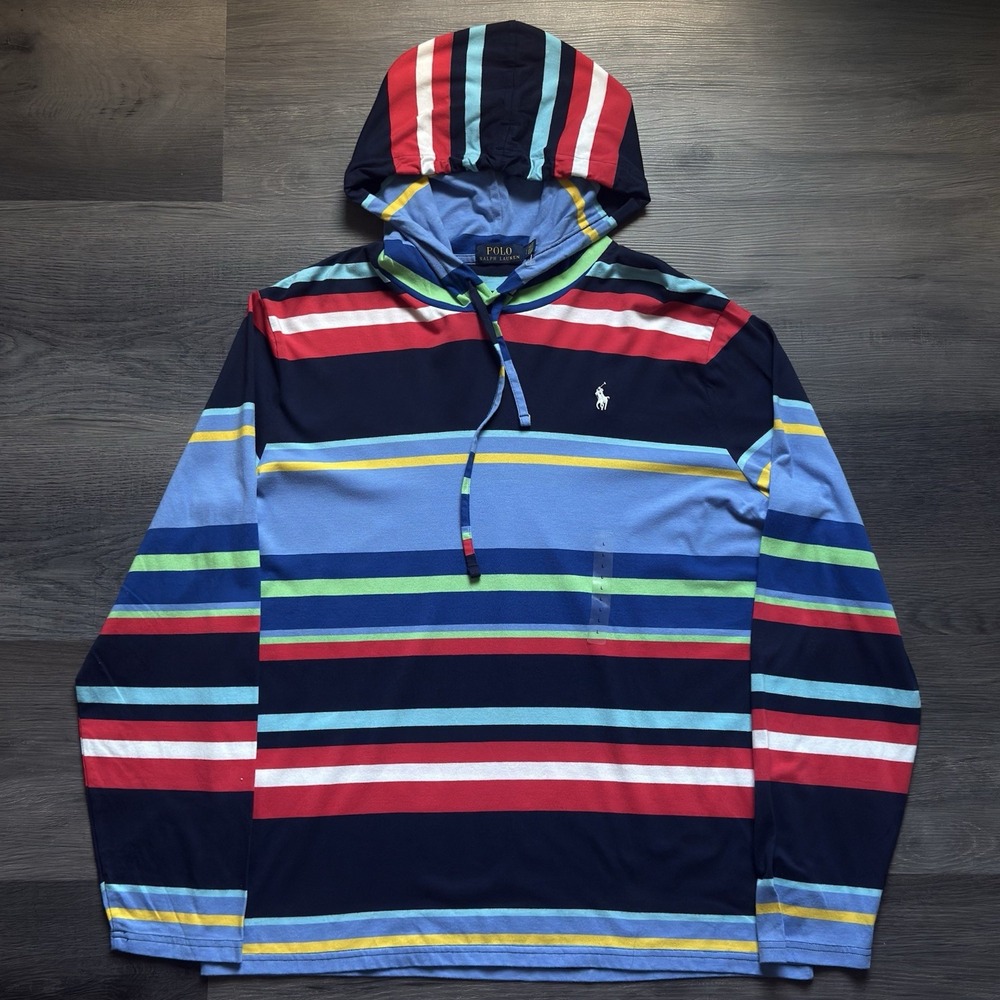 New Polo Ralph Lauren Jersey Hooded T-shirt Mens L Striped Lightweight Hoodie